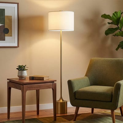 Elstead Vloerlamp Issa, ivoorkleurig/goudkleurig, 156 cm, linnen/metaal