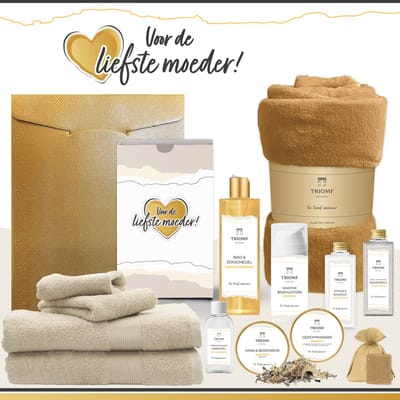 Geschenkset “Voor de liefste moeder!” - 13 producten - 2000 gram | Triomf Original - Giftset voor haar Cadeau Moederdag Luxe Wellness Pakket Vrouw Speciaal Cadeaupakket Bedankt Geschenk Lieve Mama Verjaardag Kerst Kerstpakket Gift Set Creme Goud Geel