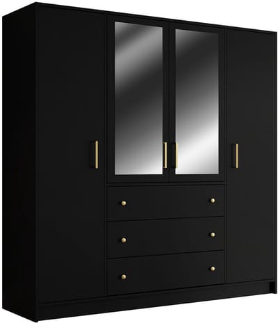 Vente-unique Kast met 4 deuren en 3 lades - Met spiegel - L196 cm - Zwart - LIZANDRO