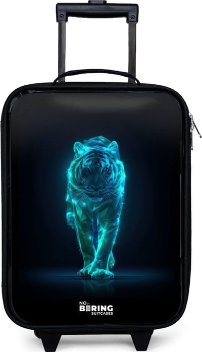 NoBoringSuitcases.com® - Kinderkoffer jongen - Kindertrolley meisje - Gloeiende tijger in beweging - Koffer kind lichtgewicht - Reiskoffer trolley voor kinderen - Koffertje met lichtgevende wieltjes - Rolkoffer zwart