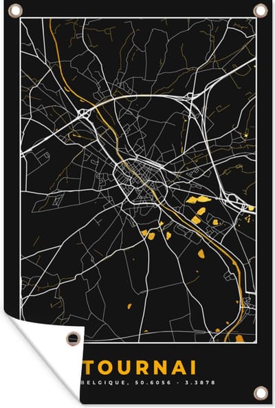 Muurdecoratie Tournai - Stadskaart - Goud - Plattegrond - Kaart - 120x180 cm - Tuinposter - Tuindoek