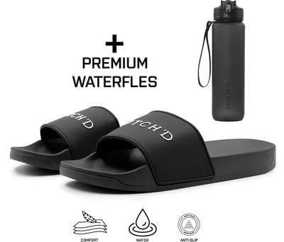 Dutch'D ® Rubberen slipper + Handige Waterfles! - Zwart/wit - Maat 41/42 - anti slip - Comfortabel - Dubbele maten - unisex - Heren Badslipper - Slippers - Badslippers