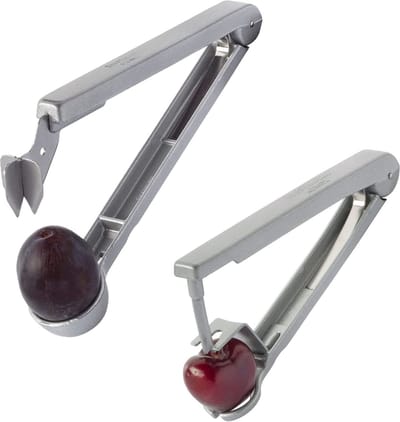 1 kersen- + 1 pruimenontsteker voor keukenkant-en-klaar ontpte vruchten, aluminium, voedselveilig gecoat, roestvrij stalen lemmet, Kernex en Steinex, zilver, 401022E6