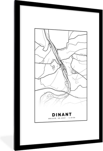 Fotolijst incl. Poster Zwart Wit- Zwart Wit – België – Plattegrond – Stadskaart – Kaart – Dinant - 80x120 cm - Posterlijst