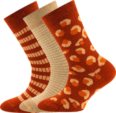 3-Pack Kindersokken Ewers met Ribpatroon - Set van 3 paar- Oranjebruin met Beige Vlekmotief en Streepjes-27/30