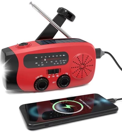 Noodradio Opwindbaar en Batterij -Noodradio - Zonne energie oplaadbare - Handbediende Dynamo - Radio met LED zaklamp en leeslamp 2000 mAh - Powerbank - SOS Alarm - Rood