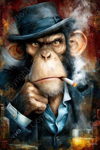John Joseb Art (Aluminium) 80x120 | Boze aap in pak aan de bar, kostuum, hoed, sigaret, roken, drank, mafia baas, abstract, kunst, portret, dier, rood, blauw, geel, modern | foto-schilderij op dibond, metaal wanddecoratie