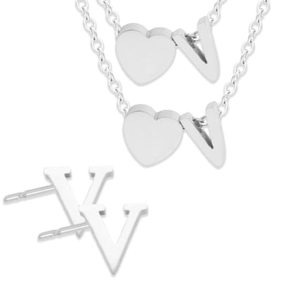 Initiaal Ketting & Armband & Oorbellen set met Letter V Zilverkleurig - Stainless Steel - Met letter & Hartje! - 3x Sieraden Cadeau - Pax Amare