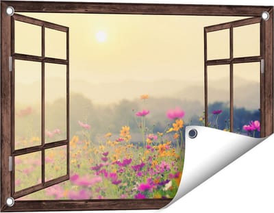 Gards Tuinposter Doorkijk Bloemenveld met Kosmos - Zonsondergang - 60x40 cm - Tuindoek - Tuindecoratie - Wanddecoratie buiten - Tuinschilderij