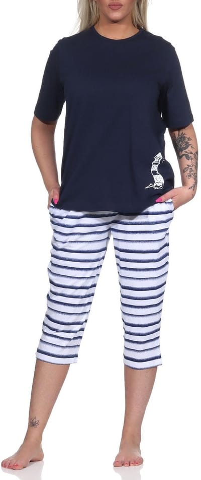 Maritieme dames capri pyjama met korte mouven, top met vuurtorenmotief, ook in overmaat