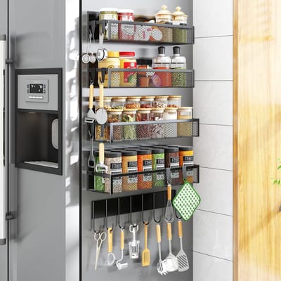 Magnetisch kruidenrek voor koelkast, 5-pack magnetische plank, beweegbare magnetische koelkastorganizer met een 8-haak rek, kruidenorganizer voor keukenorganisatie (extra met 8 haken)