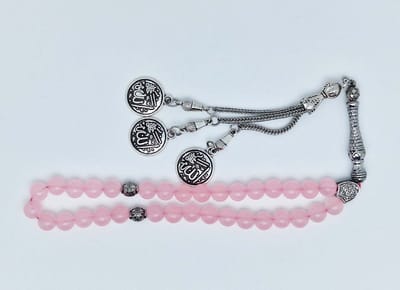 Handgemaakte tesbih klassiek - "Tasbih" natuursteen " Roze kwartz" - Aantal kralen 33 - Diameter kralen 8 MM - met metaal tassel "Allah jala jalaluh" - Een mooi cadeau-idee