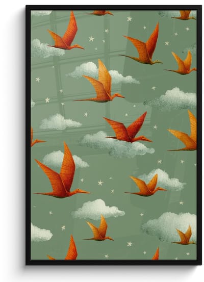 Poster in lijst - Fotolijst 80x120 cm - Posters - Dinosaurussen - Wolken - Sterren - Oranje - Posterlijst zwart - Decoratie - Wanddecoratie woonkamer - Muurdecoratie slaapkamer