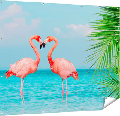 Gards Tuinposter Twee Flamingo's in een Hart Vorm in het Water - 150x120 cm - Tuindoek - Tuindecoratie - Wanddecoratie buiten - Tuinschilderij