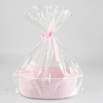 Lege Roze Cadeaumand van Katoen met Gevlochten Design voor Baby, Pasen en Opslag van Speelgoed met Cadeautasje en Roze Strik