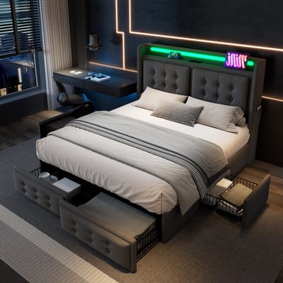 DESMIU Gestoffeerd Bed 160x200 cm – Led-Hoofdbord met Usb-C en Usb-Laadfunctie – 4 Lades en Opbergvakken – Tweepersoonsbed – Katoen-Linnen – Grijs – Zonder matras