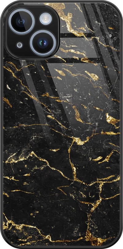 Hoesje geschikt voor iPhone 14 - Marmer zwart goud - Luxe Glazen Hardcase - Marmer - Zwart, Goud - Leuke Telefoonhoesjes