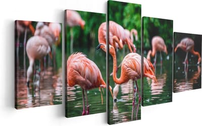 Artaza Canvas Schilderij Vijfluik Kudde Flamingo's in de Jungle in het Water - 100x50 - Foto Op Canvas - Canvas Print