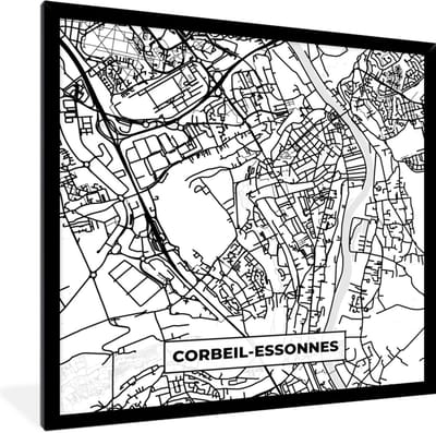 Fotolijst incl. Poster Zwart Wit- Stadskaart - Corbeil-Essonnes - Plattegrond - Kaart - Frankrijk - Zwart wit - 40x40 cm - Posterlijst