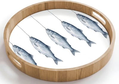 Dienblad rond 40x40 cm - Schootdienblad hout - Vissen - Illustratie - Delfts - Blauw - Borrelplank rechthoek - Plateau houten dienbladen