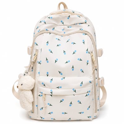 VHV-Esthetische Rugzak met Bloemenprint - Casual Schooltas voor Meisjes en Studenten - Minimalistische Backpack met Orchidee Motief - Beige - Casual Reisrugzak voor Dames