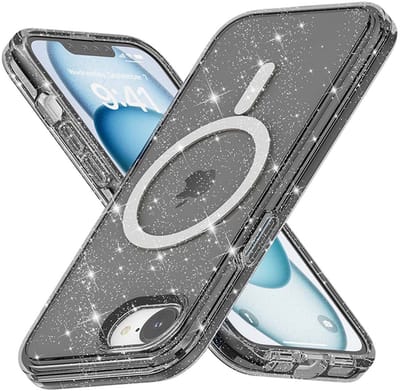 IYUPP Hoesje Geschikt voor iPhone 16e Hoesje Glitter - Geschikt voor MagSafe - Shockproof Back Cover - Glitters Zwart Transparant