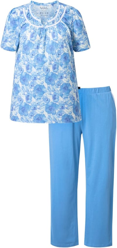Ulla Popken - Dames - Pyjama rozen kant ronde hals korte mouwen - Hemelsblauw - Maat 54+