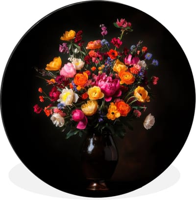 WallCircle - Wandcirkel - Muurcirkel - Kleurrijk - Boeket - Vaas - Donkerbruin - Aluminium - Dibond - 30x30 cm - Binnen en Buiten