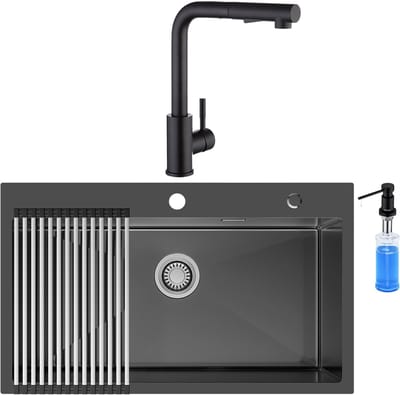 CECIPA max Spoelbak Antraciet / Gun Metal (75x45CM) - Spoelbak Keuken Met Keukenkraan en Zeepdispenser 300ML - Spoelbakken Keuken - Spoelbak Met Afdruiprek - Incl. Sifon en Afvoerzeefje - RVS