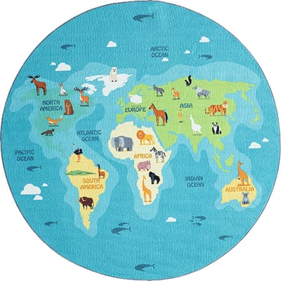 the carpet Happy Life – Speelkleed, kindertapijt met wereldkaart en dieren, wasbaar en antislip, blauw met wereldprint, 160 cm rond