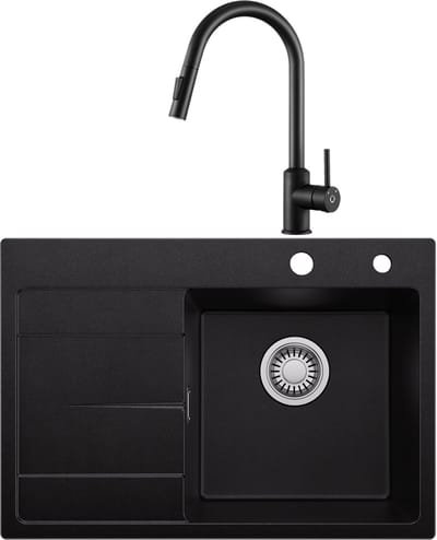 CECIPA MAX Granieten Spoelbak 65x45CM Zwart - Spoelbakken Keuken Met Keukenkraan - Spoelbak Met Planchet en Afdruiprek - Spoelbakken Incl. Sifon en Afvoerzeefje