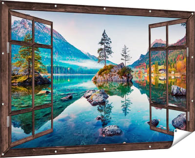 Gards Tuinposter Doorkijk Meer in de Bergen tijdens de Herfst - 180x120 cm - Tuindoek - Tuindecoratie - Wanddecoratie buiten - Tuinschilderij