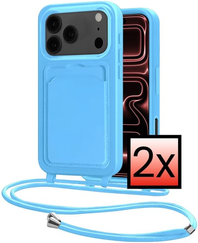 Hoes Geschikt voor iPhone 17 Pro Hoesje Pasjeshouder Cover Met Koord Case Siliconen Hoes Met Telefoonkoord en Kaarthouder - Lichtblauw - 2 PACK