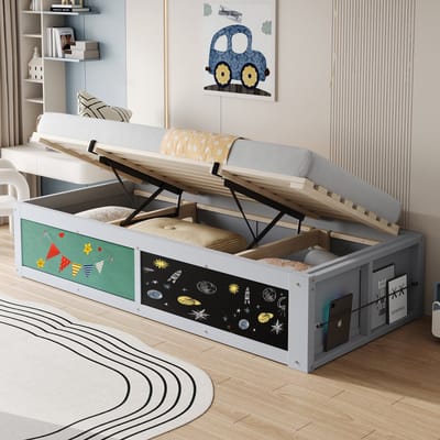 DESMIU Kinderbed 90x200 cm – Hydraulische Opbergruimte en Krijtbord – Met Boekenvak Links of Rechts – Voor Kinderkamer – Hout – Grijs – Zonder Matras