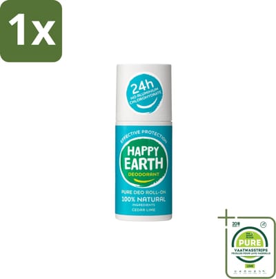 1 x Happy Earth – Deodorant Roll-On – 100% Natuurlijk Cedar Lime – 75 ml - Deodorant - Natuurlijke Deodorant - Cederhout - Limoen - Fris