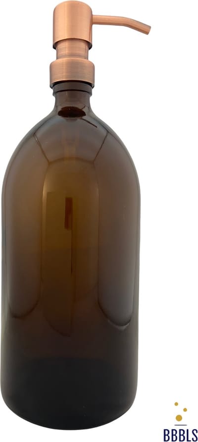 BBBLS® Design Dispenser "Blanco" | Bruin Glas | 1 liter | RVS / Metaal Pomp Koper | Zeeppomp | Zeepdispenser | Zeephouder