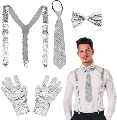 4 stuks discoaccessoires, waaronder jazzdans, pailletten, handschoenen, vlinderdas, bretels, stropdas, jaren 70, hiphop, glitter, disco-accessoires voor mannen en vrouwen, voor carnaval,