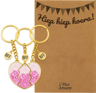 BFF Sleutelhanger voor 3 'Hiep Hiep Hoera' - Magnetisch Glitter Hartje Roze - Sleutelhanger set op Cadeau Kaartje - Goudkleurig - Verjaardags Hanger - Pax Amare