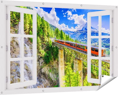 Gards Tuinposter Doorkijk Trein op een Brug bij een Waterval in Zwitserland - 150x100 cm - Tuindoek - Tuindecoratie - Wanddecoratie buiten - Tuinschilderij