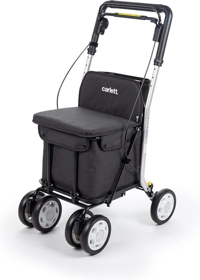 Boodschappentrolley met zitje en afneembare tas - Plooibare rollator voor senioren met opbergruimte en veiligheid