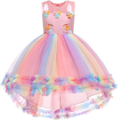 Unicorn jurk - Pinkie Pie - Prinsessenjurk - Eenhoorn - Regenboog - Verkleedkleding - Feestjurk - Sprookjesjurk - Maat 122/128 (6/7 jaar)