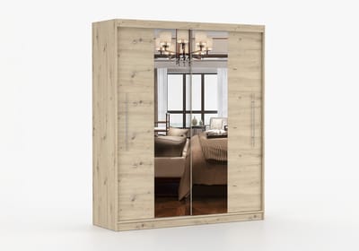 Kledingkast NICO I 203 cm - 2-deurs schuifdeurkast met spiegel en kledingstang - Garderobekast met ruime opbergruimte - Moderne kast voor slaapkamer en hal (Artisan)