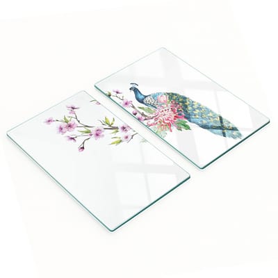 Decoratieve snijplanken van gehard glas met pauwen- en bloemenmotief, 2x30x52 cm