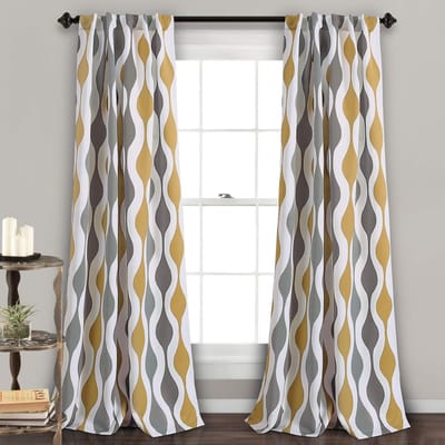 Decor Mid Century Geo kamer verduistering venster gordijn paneel paar, polyester, goud en grijs, 132 cm B x 274 cm L (Pack van 1)