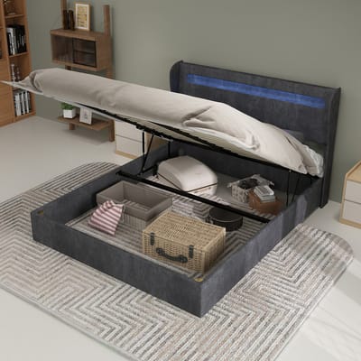 Tweepersoonsbedden - 140x200CM - Modern Minimalistisch Zacht Bed Hoge Box Met LED-Hoofdbord - Grijs (Geen Matras)