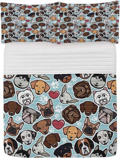 ABAKUHAUS Hondenliefhebber Microfiber Bedspreiset, Zacht beddengoed Set met kussenslopen en quilt, 220 cm x 220 cm, Lichtblauwbruin