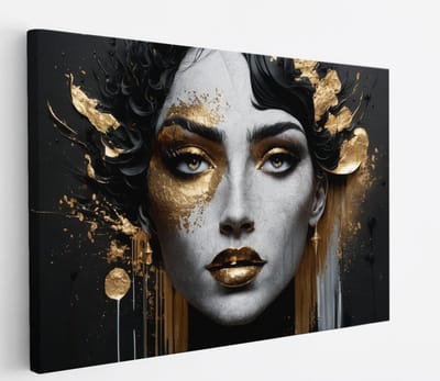 Saammp Canvas Schilderij - Vrouw met goude lippen en ogen - abstract - 30x20 - Foto op canvas - Wanddecoratie - Muurdecoratie Woonkamer - Slaapkamer decoratie - Canvas Print