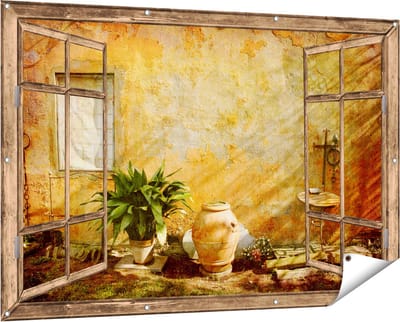 Gards Tuinposter Doorkijk Oude Stenen Muur - 150x100 cm - Tuindoek - Tuindecoratie - Wanddecoratie buiten - Tuinschilderij