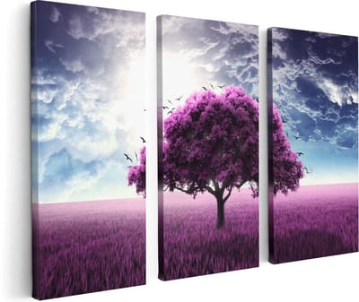 Artaza Canvas Schilderij Drieluik Paarse Boom In Het Paars Veld Met Vogels - 120x80 - Foto Op Canvas - Canvas Print