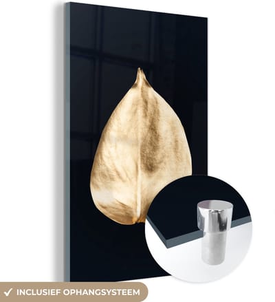 MuchoWow® Glasschilderij 120x180 cm - Schilderij acrylglas - Bladeren - Black en gold - Zwart - Goud - Luxe - Foto op glas - Schilderijen